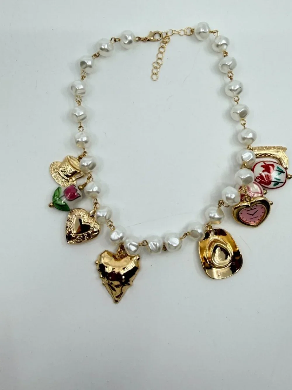 Vintage Gold Tone Faux Pearl Charm Necklace Cowgirl Heart Watch Pendant Quirky